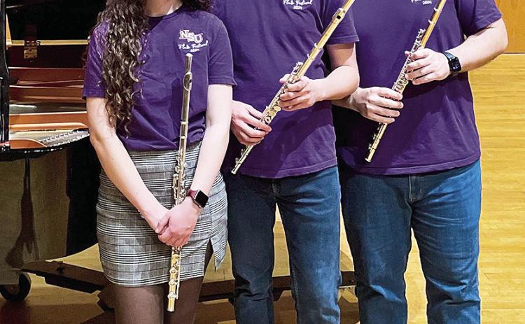 Northwestern State music students, from left, Hallie Ward of Cleveland, Lennon Cooke of Pineville and Assistant Professor of Flute Dr. Stephen Clark.