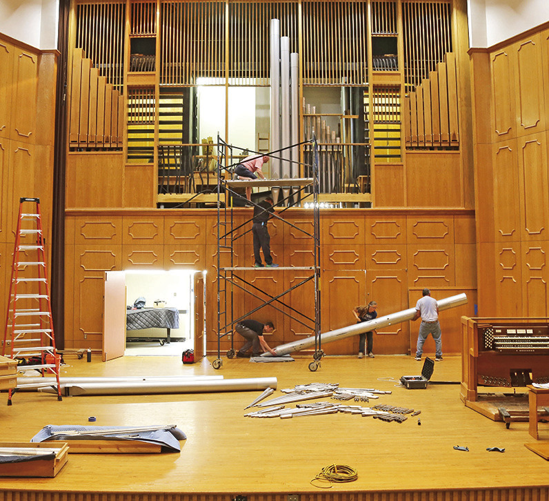 Organ Master and President of Reuter Organ Company JR Neutel, top of scaffold, worked with four assistants to manually remove the largest pipe, which weighs about 300 pounds, from NSU’s famed pipe organ. The instrument’s components are now on their way to Lawrence, Kansas, where they will be cleaned and upgraded, to be reinstalled at NSU later this summer. See story Page 2A. Giving opportunities to support the organ renovation are available at https://northwesternstatealumni.com/organ-restoration/.