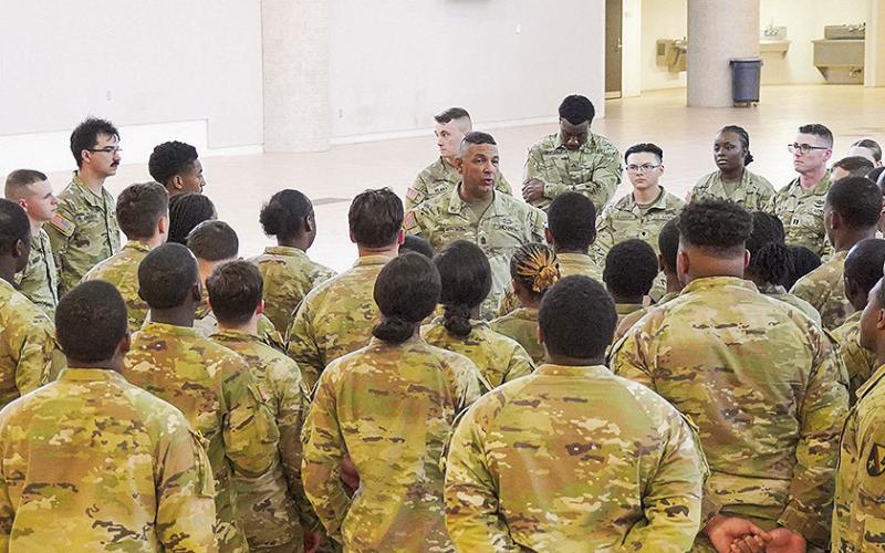 Command Sgt. Maj. Sud A. Robertson, Louisiana National Guard senior enlisted advisor– Army, addresses deploying Soldiers prior to their departure from Louisiana on May 11, 2026. Approximately 125 Louisiana National Guard Soldiers departed for Washington, D.C., where they will support the District of Columbia National Guard, the Metropolitan Police Department and other law enforcement agencies. (U.S. Army National Guard photo by Sgt. 1st Class Scott D. Longstreet)