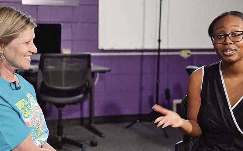 Anastasia Douglas of Shreveport, right, podcast anchor for The Current Sauce, interviewed NSU’s Vice President for the Student Experience and Dean of Students Reatha Cox to highlight Cox’s journey from firstgeneration college student to administrator and mentor.