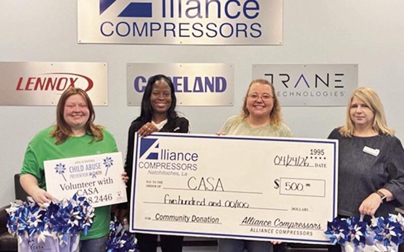 Alliance Compressors donated $500 to the CASA Pinwheel Campaign Community Garden 100 Pinwheels. From left are Alliance Customer Service Coordinator Bayleigh Birdwell, Human Resources Director Venecia Newton, CASA Executive Director Emily Dahl and CASA’s Brenda McCain.