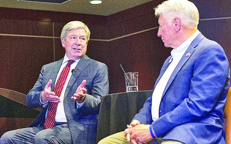 District Attorney Billy Joe Harrington, left, responds to a comment from East Baton Rouge Parish District Attorney Hillar Moore, III during a panel discussion hosted by the Victoria’s Voice Foundation.