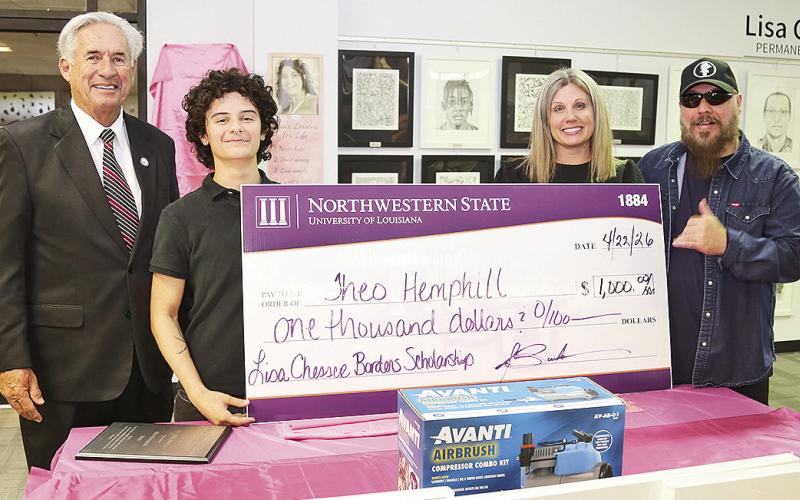 Theo Hemphill is this year’s recipient of the Meraki Award, presented to a student pursuing a degree in Fine and Graphic Arts at Northwestern State University. From left are NSU President James Genovese, Hemphill, Cristy Bernard, associate director of Alumni and Development, and James Borders.