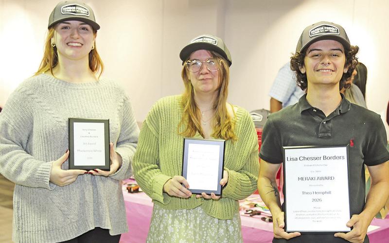 NSU art students recognized for outstanding work were, from left, Mackensie White, Jerry Chesser and Lisa Ates Borders Award; Sarah Mayeaux, Avis Borders Fletcher and Margaret Pauline Chesser Award, and Theo Hemphill, Lisa Chesser Borders Endowed Scholarship and Meraki Award.