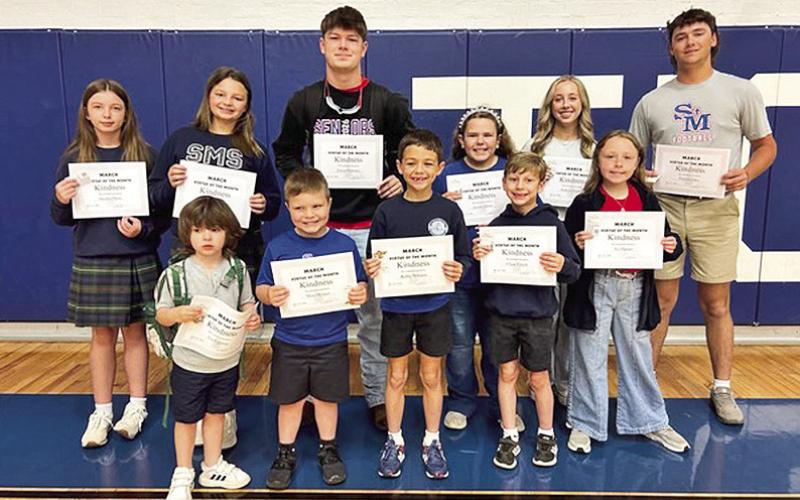 Virtue of the Month Students at St. Mary’s are, front row from left, Leo Esparza, Moss Morgan, Robby Williams, Chase French and Ava Harper.On back row are Marilyn Mims, Sutton Vandersteen, Ethan Probasco, Aurora Alford, Kollyns Duhon and Preston Tilley. Not pictured are Callen Bertrand, Tripp Philen and Roan McClung.