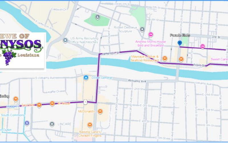 The Krewe of Dionysos parade has changed to 6 p.m. on Sunday Feb. 15, due to expected rain. The parade starts at River South Commons Shopping Center, turning right onto South Dr., turning left on Keyser Avenue and crossing the bridge. Then, turns right onto Jefferson Street, continuing to Front Street through the Historic District, left onto Texas Street and then turning left onto Second Street then to Church Street which officially ends the parade.