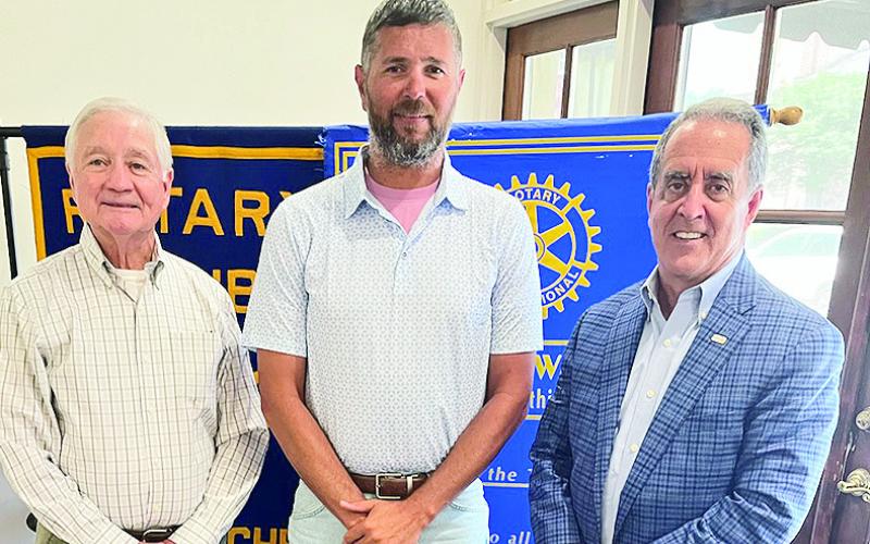 Rotarian Richard Guidroz welcomed the Director of the Cane River Waterway Jason Adcock at the May 12 meeting. Adcock shared information about the pump station, the vegetation and safety on the river. From left are Guidroz, Adcock and Rotary President Louie Bernard.