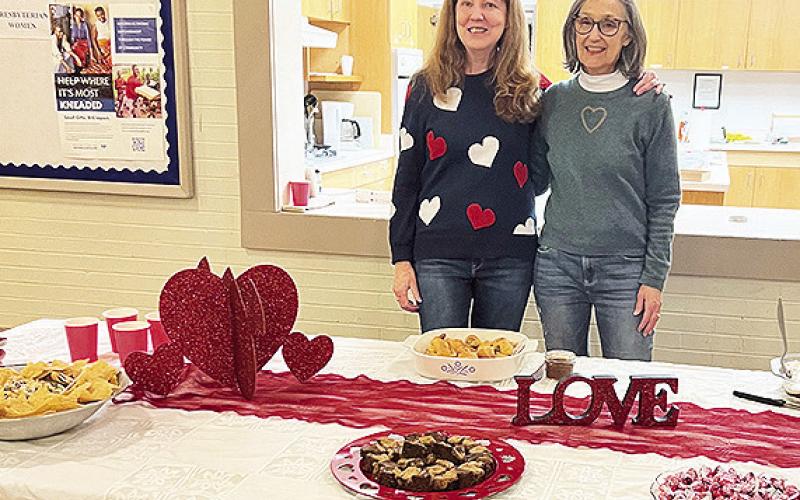 From left are Julie Kane and Jan Darfus served as hostesses at the February meeting of the Lesche Club.