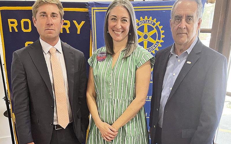 Rotary President Louie Bernard welcomed Laura Lyles, president, Natchitoches Area Chamber of Commerce who discussed how important the collaborative planning by the Natchitoches business, industry, infrastructure, education, health care, tourism, history, and culture was in organizing and presenting the 2026 Natchitoches Day at the Capitol. As a result a clear, cohesive and successful message was delivered to the Louisiana legislators. From left are Drake Owens, Lyles and Bernard.