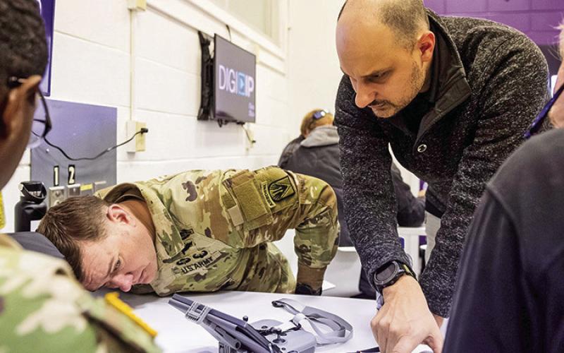 JD Cox, director of NSU’s ARGO Lab, worked with Master Sergeant (MSG) Tyler Kennedy and other soldiers from Fort Polk during two days of drone training at Northwestern State.