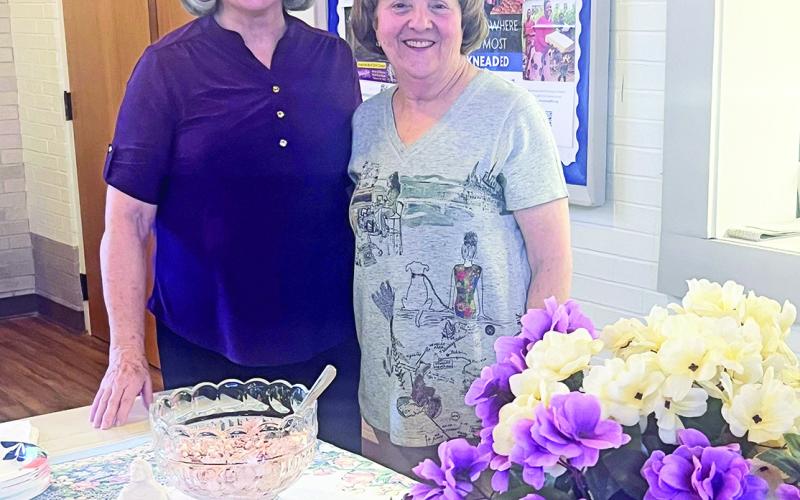 Hostesses for the April Lesche meeting were Janine Storrs, left, and Susan Massia.