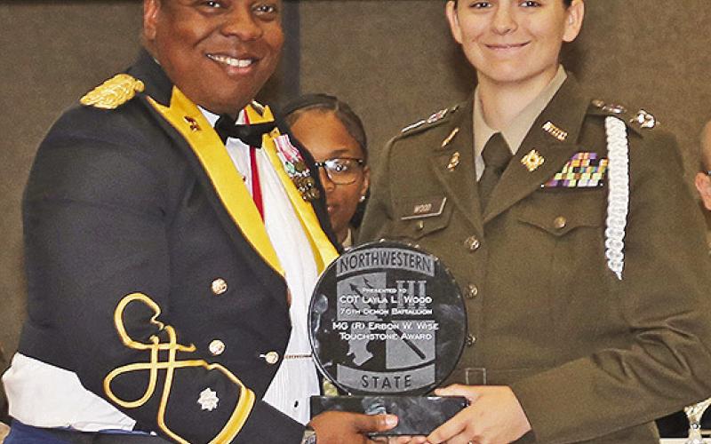 Demon Battalion Commander Cadet Layla Theriot Wood of Gheens was named this year’s recipient of the MG (R) Erbon W. Wise Touchstone Award. LTC Tyrek Swaby, professor of Military Science, presented the award.