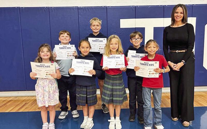 Terrific Kids is a student recognition program, created by the Kiwanis Club that promotes character development, self-esteem and perseverance. Students work with their classroom teacher and establish goals to improve behavior, peer relationships, attendance or schoolwork. St. Mary’s Terrific Kids for April are, front row from left, Harleigh Adkins, Emmersyn Mitchell, Eva Mayeaux and Lyanna Esparza. On back row are Ezra Gill, Adam Todtenbier and Remi Poole.