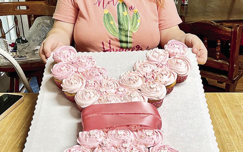 Shania Hamous shows off the beautiful cupcakes dress cake created by Lisa Phillips honoring soon to be born, Heaven Grace.