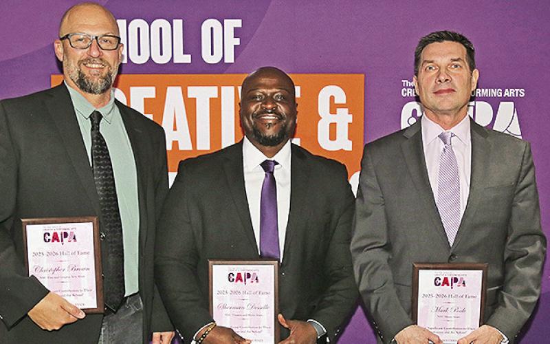 Christopher Brown, Sherman Desselle and Mark Poole, from left, were inducted into NSU’s School of Creative and Performing Arts Hall of Fame on Saturday, March 7. See story Page 2A.