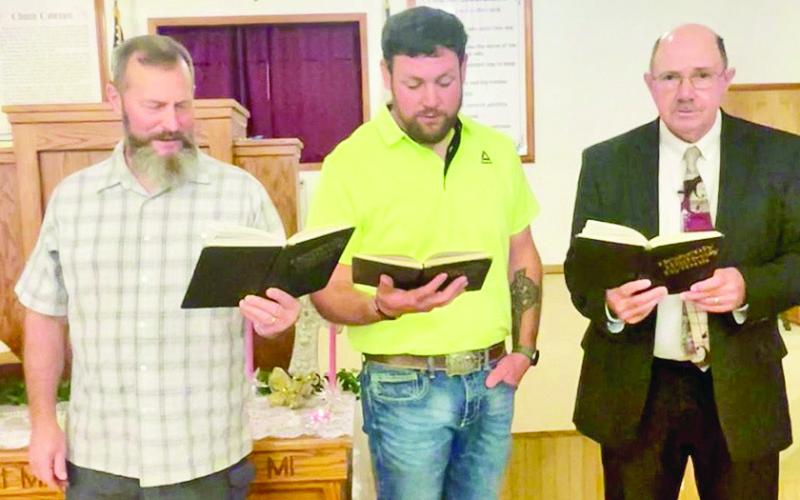 Sean Wester, Anthony Baker and Bro. Roger Matkin lead singing the song, “The Jericho Road” at Bellwood Baptist Church Sunday morning.
