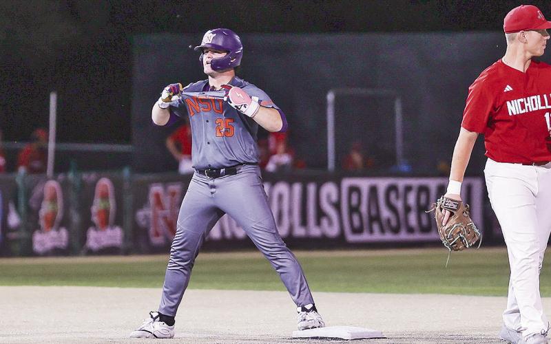 Northwestern State’s Ethan Menard (25) celebrates after hitting a tworun double in Friday’s win against Nicholls on Friday night. Credit: Jailen Leach/Nicholls Athletics