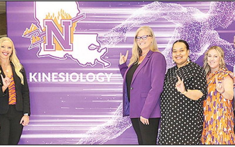NSU’s former Department of Health and Human Performance is undergoing a rebrand and will be known as the School of Kinesiology. From left are School of Kinesiology staff and faculty Tammy Dobson, Dr. Jackie Calhoun, Dr. Haley Blount, School Director Dr. Tara Tietjen-Smith, Maya Lucas, Dr. Lauren Mitchell, Dr. Michael Moulton and Dr. Sunggun Jeon.
