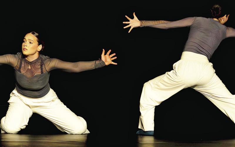 Madeline Lorio (left) and Amalia Najera (right) perform Tethered at the LSMSA 2025 Informal Fall Dance Concert.