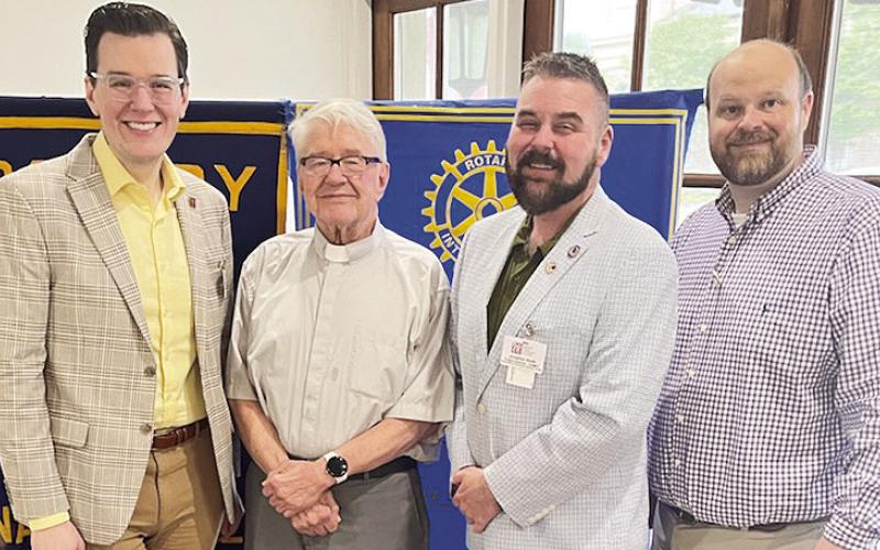 Rotarian with the Program Frank Fuller welcomed the BPCC Director of the Center for Advanced Manufacturing Jonathan Keith and the Executive Dean of Industry Partnerships Joseph Brownlee at the March 24 Rotary meeting. Both Keith and Brownlee discussed the many programs offered at the Natchitoches location. From left are Keith, Fuller, Brownlee, and President-elect Josh Manuel.