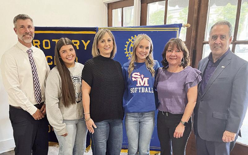 Two outstanding St. Mary's Seniors were awarded the Rotary Student of the Month Scholarship and an NSU scholarship for the fall of 2026: Jenna Sklar (daughter of Paul and Krista Sklar) and Grace Wren (daughter of Stephen and Leslie Wren). Jenna Sklar will be attending NSU and majoring in Nursing. Grace Wren will also attend NSU and major in Kinesiology. From left are St. Mary's Principal Stephen Wren, Grace Wren, Krista Sklar, Jenna Skylar, Coordinator Jessica Broadway and Rotary President Louie Bernard.