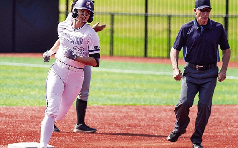 Makynlie Jones rounds second after her first home run of the season in NSU’s 7-2 win against Arkansas-Pine Bluff on Sunday. Photo by Chris Reich, NSU Photographic Services