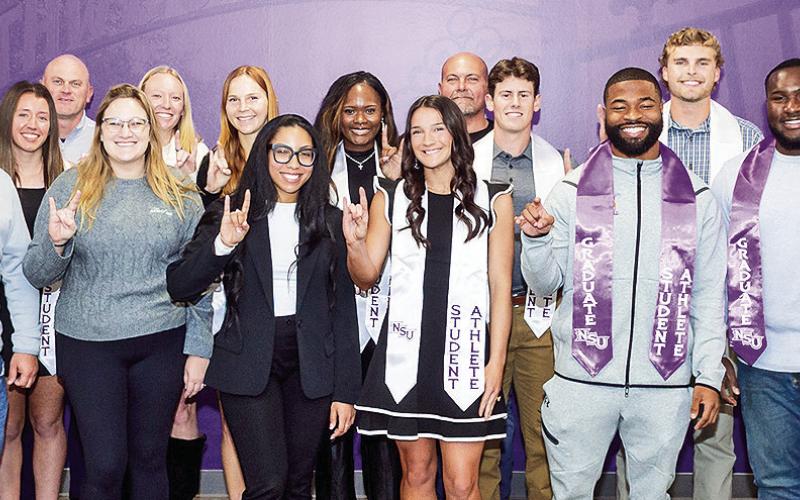 Northwestern State’s fall 2025 student-athletes pose during the stole ceremony in December. Chris Reich/NSU Photographic Services