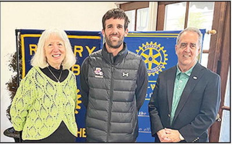 The luck of the Irish was with the Rotarian with the Program Barb Duchardt when she welcomed NSU Head Tennis Coach Marcos Morelli to the March 17 meeting. Morelli gave an update on the Lady Demons matches and shared information about each team member. From left are Duchardt Morelli and President Louie Bernard.
