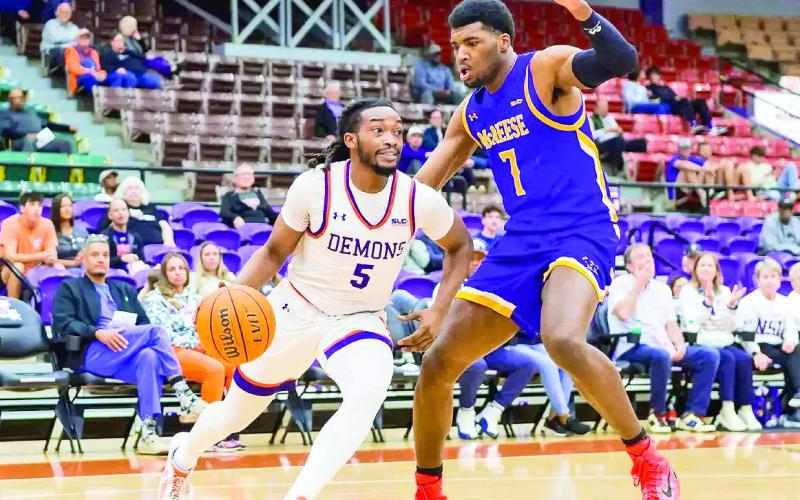 Micah Thomas (pictured) scored a game-high 27 points as the Northwestern State men's basketball team rallied back from 22 down but couldn't overcome the deficit to McNeese on Monday night. The Cowboys won 75-64.Photo by Chris Reich, NSU Photographic Services