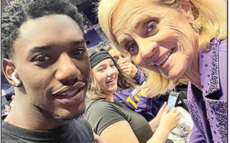 Legendary Women’s Basketball Coach Kim Mulkey greeted Natchitoches Jr. High JAG member Tristen Jefferson at the LSU versus Alabama basketball game.
