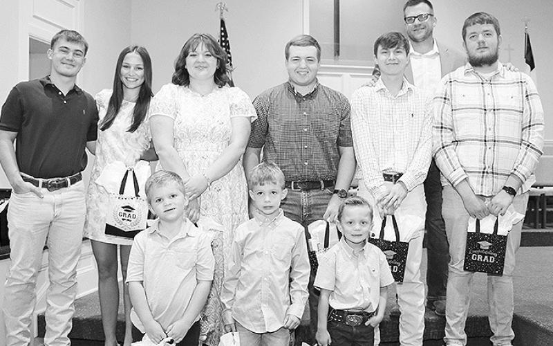 On Front row are: Andrew Frederick, Christian Wise, and Slate Woodard. Middle row: Ashton Almond, Mary Claire Jones, Jenna Mills, Ben Moseley, Parker Almond, and Timothy Thomas and Back row:FBC Coushatta Pastor Cory Tucker