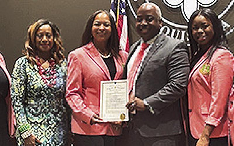 The City Council declared Feb. 9 AKA Day. Alpha Kappa Sorority Inc. is the oldest Greek letter organization established in 1908 at Howard University in Washington , D.C. Members of the Rho Beta Omega Chapter Inc. in Natchitoches chartered Aug. 29, 1987. From left are members Linda Page and Councilperson-at-Large Betty Smith-Kirkendoll, President LaVora Wilson, Mayor Ronnie Smith Jr. and members Tiffany Williams and Wanda Wynder.