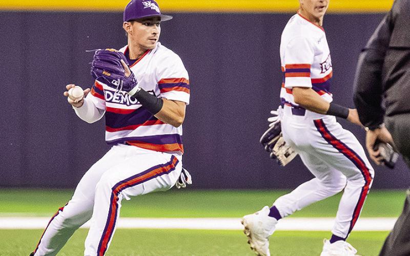 Freshman infielder Brock Davis (left) homered for the third time in the weekend series Sunday at Central Arkansas. Photo byChris Reich/NSU Photographic Services