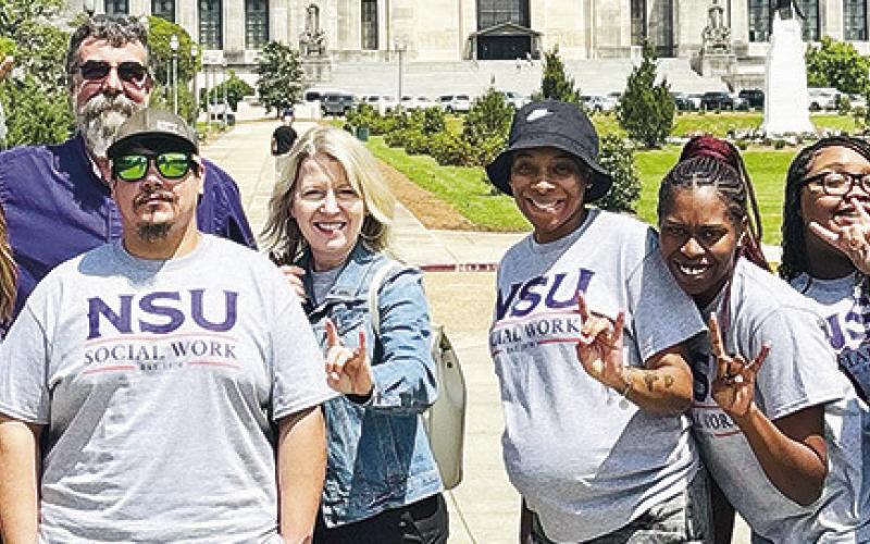 Students and faculty from NSU’s Department of Social Work participated in the National Association of Social Workers Day at the state capitol in Baton Rouge. From left are Alyssa Stanley, Assistant Professor Kirby Peddy, Associate Professor Byron McKinney, Levi Paul, Interim Department Chair and Assistant Professor Dr. Susan Campbell, Erica Babers, Kheria Leshay, Amara Robinson and Mackenzie Smith.
