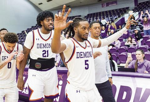 Micah Thomas #5 beats the buzzer to give the Demons the win against Texas A&amp;M-Corpus-Christi on Saturday afternoon, 79-78. Photo by Chris Reich, NSU Photographic Services