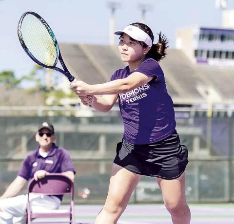 Honoka Umeda, sophomore, wins her season opener singles match against UT Chattanooga. Photo by Chris Reich, NSU Photographic Services