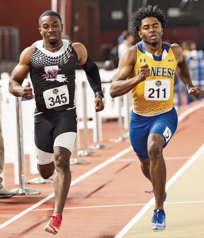 Tavis Wilson ran a personal-best 10.37 in the 100-meter dash, one of the many PRs set by the Northwestern State sprinters Saturday on the final day at the Bobcat Invitational. Photo by Ethan Lowe, Samford