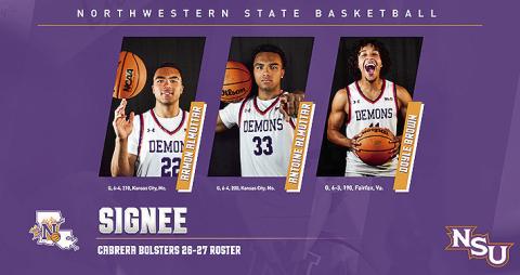 Head coach Rick Cabrera highlights a trio of guards on Early National Signing Day for the 2026-27 season. Graphic by Chris Reich, NSU Photographic Services