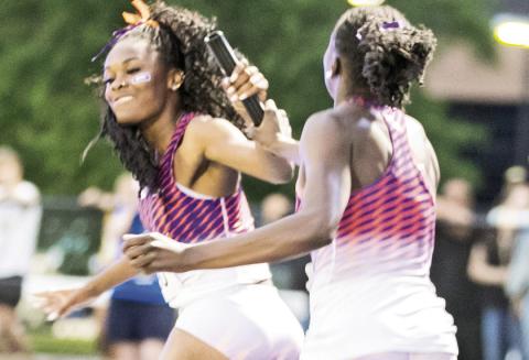 Tranasia Jones (pictured facing) and the Northwestern State women’s 4x400 relay team ran a 3:32.24 to place 16th at nationals. Photo by Prentice C. James