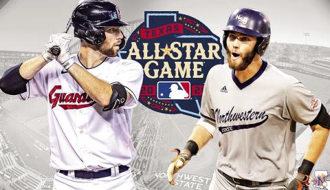 Pictured at right is Fry in his Cleveland Guardians uniform. At right Fry is wearing his former NSU uniform. Graphic by Jason Pugh/NSU Sports Information