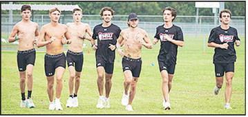 Members of the NSU men’s cross country team during their first meet of the season Friday in Lake Charles from left are Selton Sanders, Drew Kent, Kaden Elliot, John Klein, Korbin Shumate, Mason Bayne and Owen Rue.