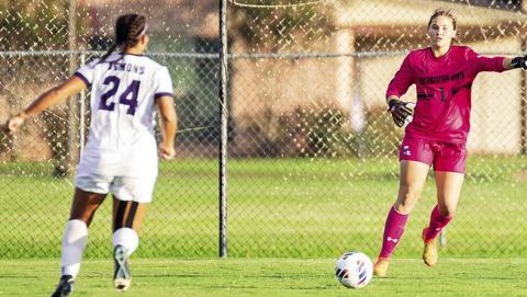 Kora Fry, at left, was named the Southland Conference Goalkeeper of the Week. It is the second consecutive goalkeeper of the week honor for Northwestern State after Libe Banuelos won it last week. Photo by Chris Reich, NSU Photographic Services