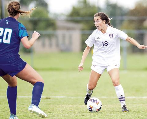 Emily Mougia, one of the three team captains and only two-time captain on the team, aims to build on what was a strong end to the 2023 season as the soccer team reported to camp Monday. Photo by Chris Reich, NSU Photographic Services