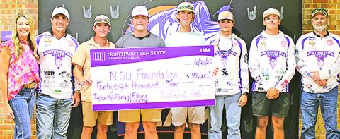 Three freshman anglers were awarded Dylan Kyle Poche Scholarships for the upcoming academic year. Attending this year’s scholarship presentation were, from left, Shelley Poche, Burt Poche, Landon Watts, Josiah Shockley, Braxton Speyrer and members of the NSU Bass Fishing Team Caleb Johnston, Dawson Cowden and Travis Johnston.