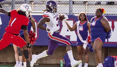 Northwestern State’s Myles Kitt-Denton scores a touchdown Saturday at HCU. Photo by Chris Reich/NSU Photographic Services