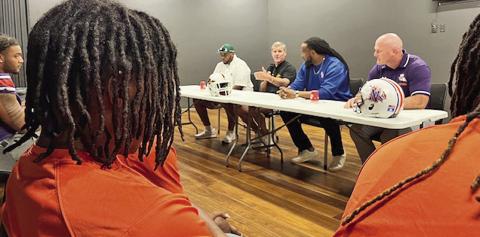 All the local football coaches were on hand Saturday morning at the Louisiana Sports Hall of Fame to talk about the 2025 upcoming season. Shown seated, from left to right are Lakeview Head Coach Lawrence Seawood Jr., Natchitoches Central Head Coach Brad Laird, St. Mary’s Head Coach Kedrin Seastrunk and Northwestern State Head Coach Blaine McCorkle. The Natchitoches Leadership Through Athletics Committee sponsored the annual event.