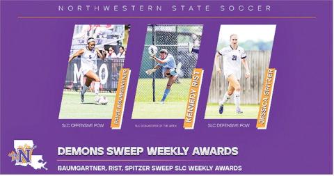 Northwestern State won a pair of Southland Conference contests by way of a shutout this past week and was rewarded with a clean sweep of the SLC weekly awards Tuesday. Site graphic/photos by Chris Reich, NSU Photographic Services