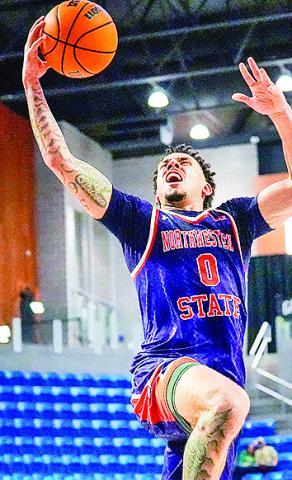 Northwestern State’s Izzy Miles goes in for a layup during Sunday’s Southland Conference Tournament loss to Nicholls. Credit: Emiy Zering/ NSU Athletics
