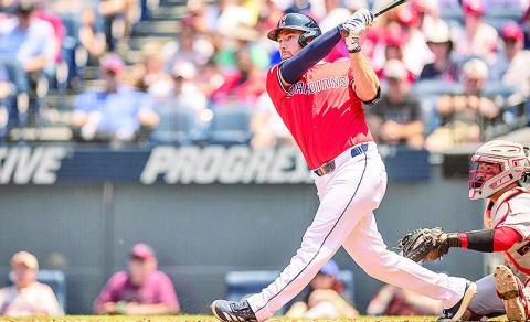 Cleveland’s David Fry takes a swing during a game against the Cincinnati Reds in June. Photo by Cleveland Guardians
