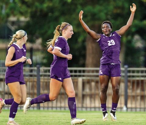 Hosane Soukou celebrates the game-sealing goal during the second half of Northwestern State’s 3-0 victory Thursday evening. Photo by Chris Reich, NSU Photographic Services